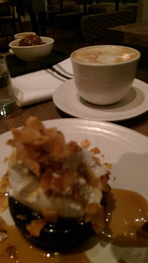 FUDGE BROWNIE (1-12-2015)
 gluten-free brownie, salted Mezcal caramel, coconut bacon, orange cashew whipped cream at Gracias Madre - WeHo in West Hollywood