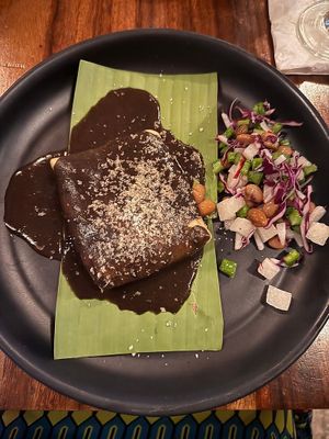 Tamal de huitlacoche y hoja santa  at Pook in Playa Del Carmen
