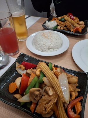 Vegan stir fry with coconut rice at Rama Thai in East London