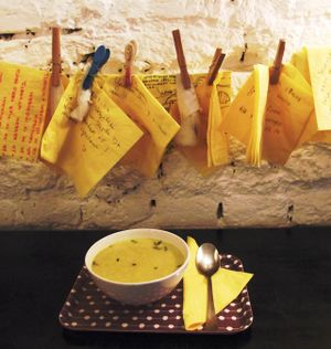 Interior detail and Vietnamese vegan soup - cocoa milk,mushrooms,carrots,potatoes and sprouts  at Supa Star in Sofia