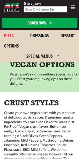Website vegan info. at Jet's Pizza in Schererville