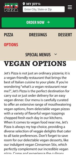 Website vegan info. at Jet's Pizza in Schererville