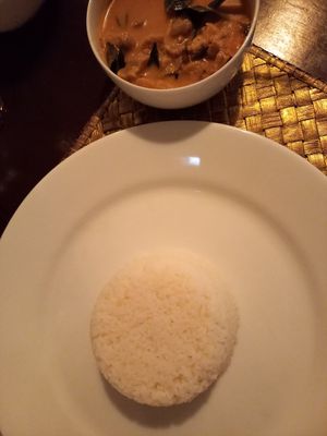 Sri Lankan Soya Curry with rice, served separate at Aroma in Hikkaduwa