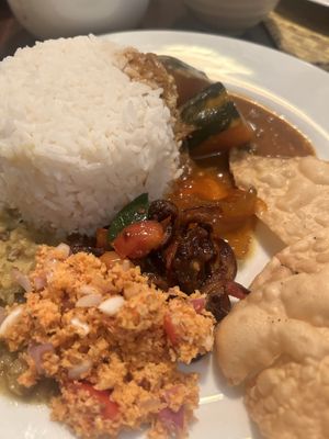 Vegetable set menu with pumpkin curry, aubergine, Sambol and mango   at Aroma in Hikkaduwa