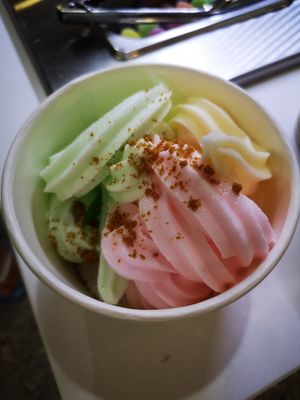 Apple, watermelon, and passionfruit flavour sorbets with Biscoff crumbles at Two Spoons Creamery  in Rockingham