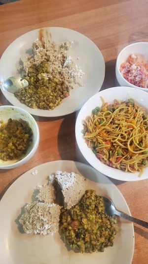 Green gram curry, steamed puttu, millet noodles with salad. at Prakruthi Eco World in Fort Kochi