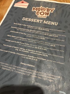June ‘26 | dessert menu  at The Moody Cow Bistro in Aberaeron