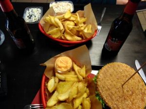 Burger and fries and fleischsalat at Vegangster in Rostock