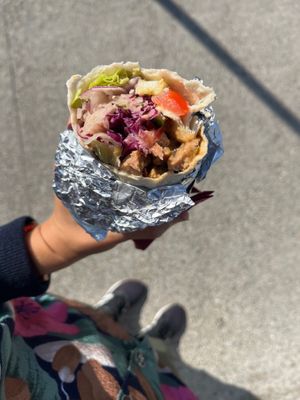 Vürüm with soy gyros, wrapped in tortilla, to go. Price: 7,50€, one of the cheapest dishes. at Vegangster in Rostock