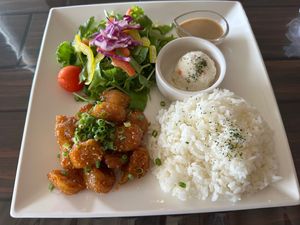  Vegan “chicken”, rice, salad with sesame dressing and potato salad  at Cafe Konii in Asahikawa