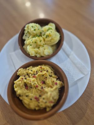 Potato salad and hummus. 
El Espejo, Serving only Veggie and Vegan food. at El Espejo in La Palma