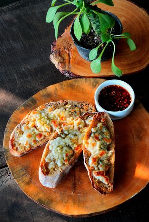 Garlic bread with house made salsa macha  at Tierra Verde in Veracruz
