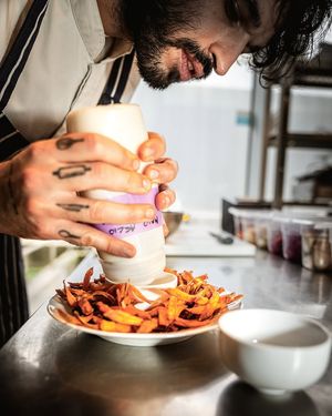 Sweet potato fries with aioli and togarashi at Bluesquare in Milan
