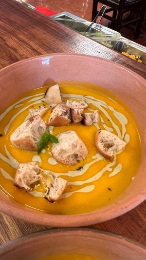 Pumpkin soup with croutons and mint at Molle  in Huanchaco