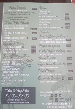 Menue at The White Hare Cafe in Kirkby Stephen