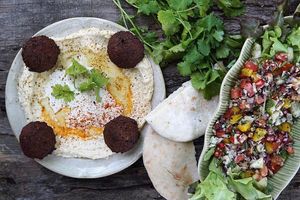 Hummus with falafel and Israeli salad at Green Gallery in Koh Phangan