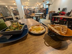 Hummus and salad at Peace Center Restaurant in Bethlehem