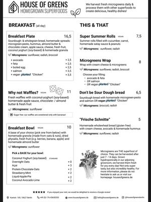 Menu showing vegan options  at House of Greens in Berlin