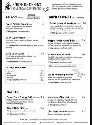 Menu showing vegan options  at House of Greens in Berlin