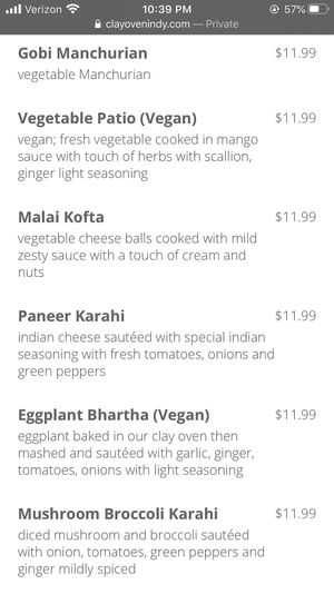 Menu at The Clay Oven in Indianapolis