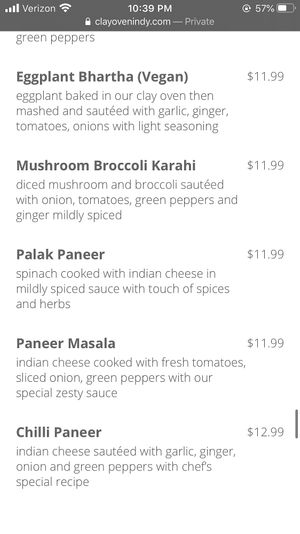 Menu  at The Clay Oven in Indianapolis