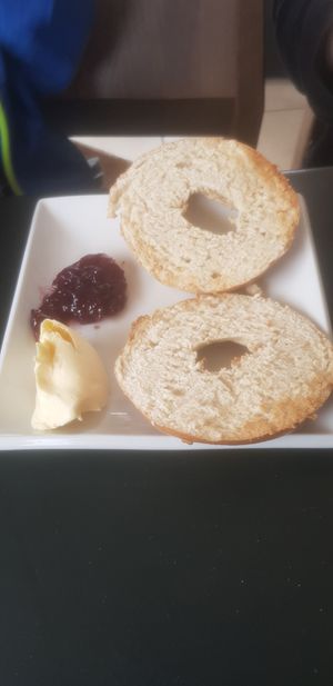 Jam and butter bagel at Delicious   in Harrogate