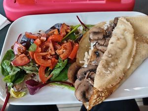 Sausage, mushroom and cheese savoury crepe at Delicious   in Harrogate