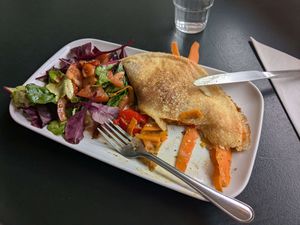Curried carrots, peppers and vegan cheese savoury crepe. at Delicious   in Harrogate
