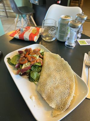 Vegan sausage, mushroom & cheese crepe   at Delicious   in Harrogate