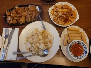 Peking Style Vegan Duck, Stir Fried Cabbage with Garlic Sauce, Salt and Pepper Chips and Vegetable Spring Roll at Jasmine in Bangor