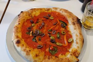 Marinara with olives and peppers and opted for no cheese. Delicious. at Corner Stone Pizza in Nottingham
