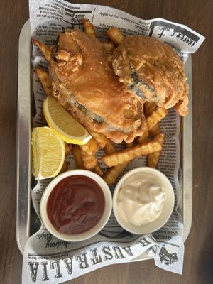 ‘Fish’ n chips and tar tar saucee  at Ping An Veggie Time @Dover Gardens in Adelaide
