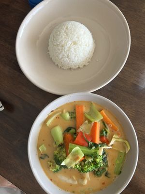 Thai veggie curry and jasmine rice (could add vegan proteins)  at Ping An Veggie Time @Dover Gardens in Adelaide