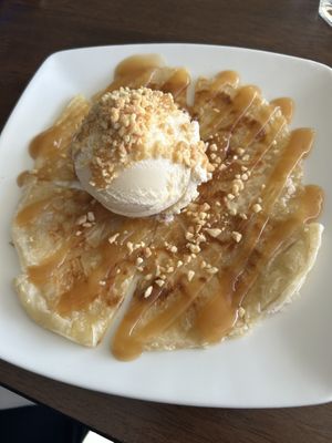 Roti with icecream, caramel sauce and crushed peanuts  at Ping An Veggie Time @Dover Gardens in Adelaide