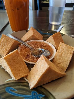 Fried tofu with peanut sauce at Red Curry Vegan Kitchen in Flagstaff