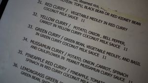 curry menu at Red Curry Vegan Kitchen in Flagstaff