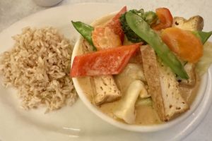 Red curry with brown ricee  at Red Curry Vegan Kitchen in Flagstaff