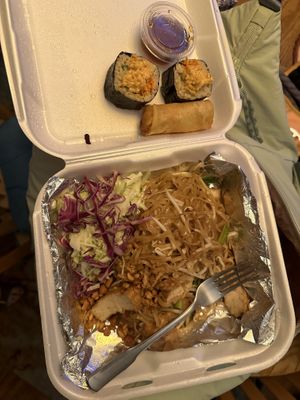 Pad Thai, spring roll & Tokyo rollls  at Red Curry Vegan Kitchen in Flagstaff