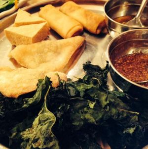 kale chips, tofu, samosas and spring rolls at Red Curry Vegan Kitchen in Flagstaff