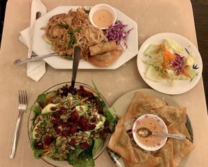 Kale salad, samosa, pad thai at Red Curry Vegan Kitchen in Flagstaff