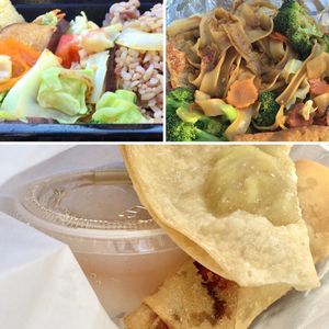 Orange soy chicken, noodle stir fry with soy chicken, samosa, and spring roll at Red Curry Vegan Kitchen in Flagstaff