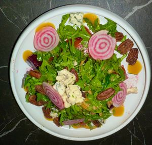 Beet Salad (Note: this image includes Blue Cheese, this can be omitted to make it vegan, just ask your server) at The Regent in Saratoga Springs