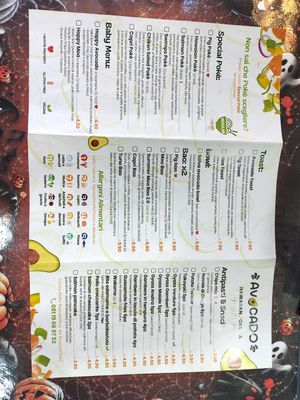 Menu with set mixes and snacks at Avocado in Pozzuoli