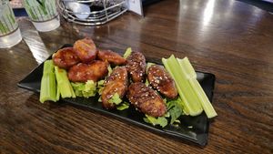 Vegan Wings (BBQ left. Teriyaki right) at High Water Grill in Silverton