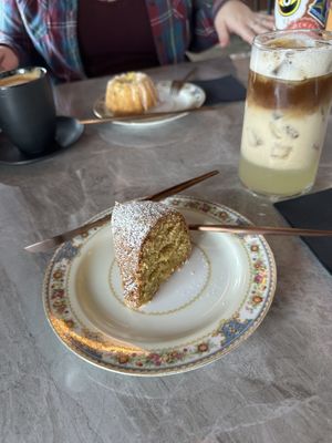 Olive oil cake and lemon cream latte  at MangiaFoglie  in Long Beach