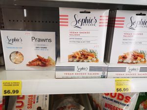 Vegan prawns and salmon at The Malibu Market in Rockingham