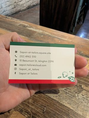 Business card at Sapori at Tailors in Islington