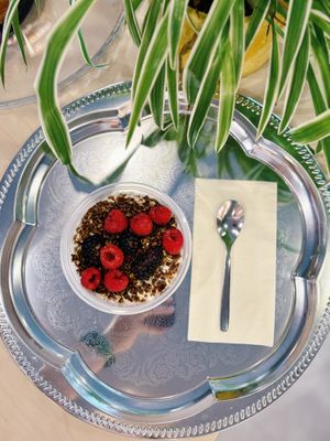 chia pudding with fruits and granola at blek ● coffee and plant based food in Bodrum