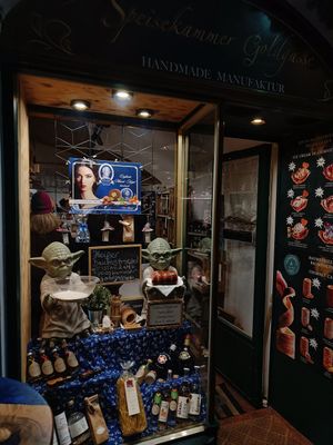 Front of store with two Yoda's. at Speisekammer Goldgasse in Salzburg