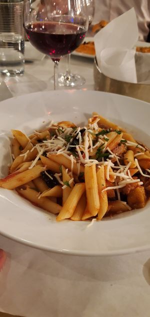 Pasta Penne Alla Normo w/eggplant, Vegan parmiagiano & fresh basil in a tomato sauce at Fiori Italian in Munster